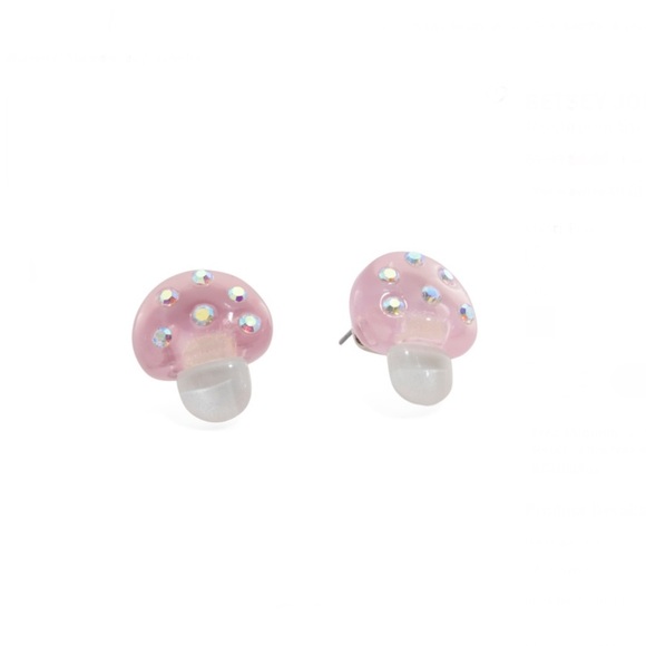 NWTS BETSEY JOHNSON Pink Mushroom Stud Earrings Silver Rhinestones Accents. - Picture 4 of 5